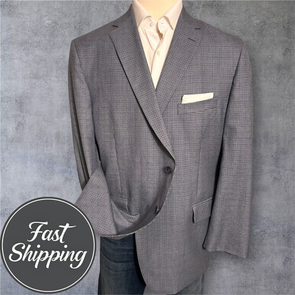 TOM JAMES Men's 48R Blue Houndstooth Wool Blazer Sport Coat 2-Button Jacket Blue - Picture 1 of 12